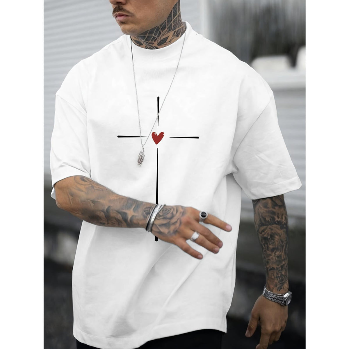Love Heart Graphic Print Men's Creative Top, Casual Short Sleeve Crew Neck T-shirt, Men's Clothing For Summer Outdoor