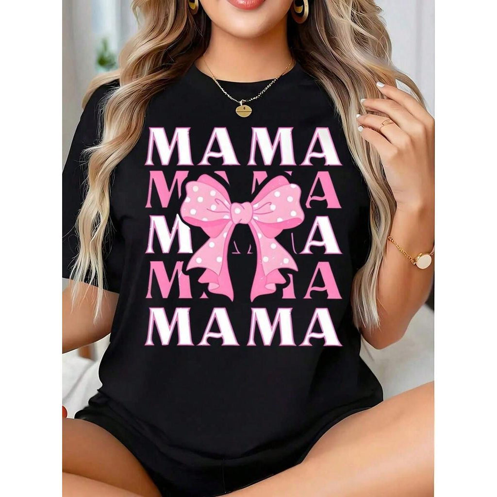 Women's Mama Graphic T-Shirt - Casual Cotton Crew Neck Top with Short Sleeves, Comfortable and Moisture Absorbing for Daily Sports, Tshirt, Round Neck, Stripes/Plaids, Elegant