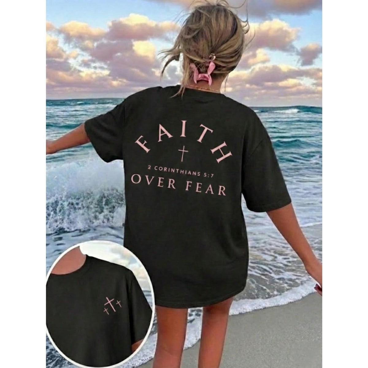 Standard "Faith Overcomes Fear" Christian Inspirational Graphic T-Shirt, Comfortable 2026 Casual Short Sleeve Crew Neck Faith Apparel Black Summer