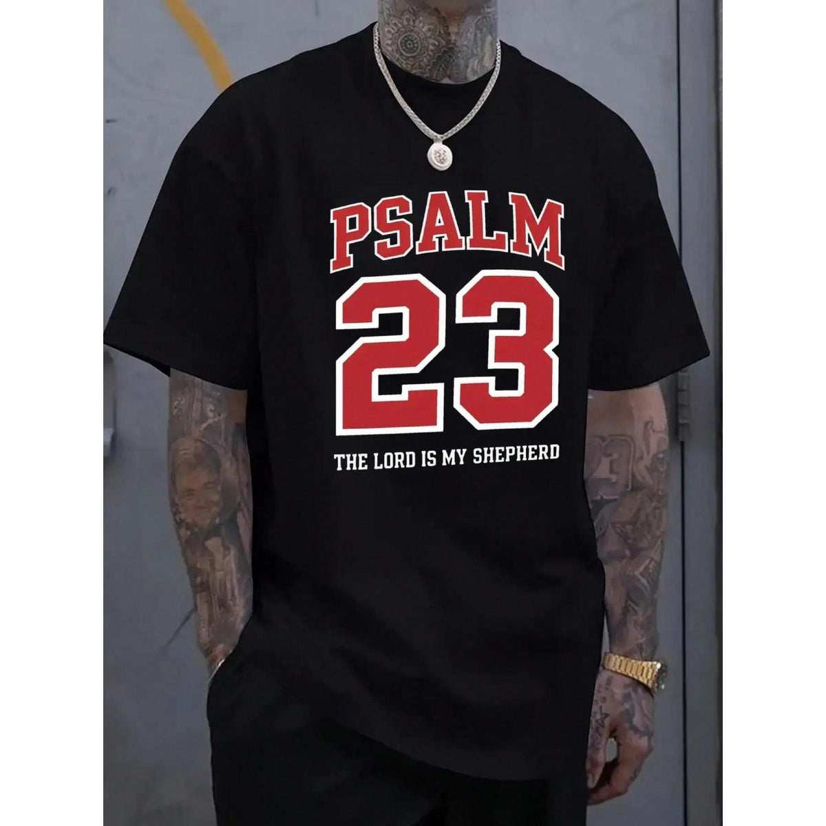 Men's Christian Pattern T-Shirt - Psalm 23: The Lord Is My Shepherd Bible Verse Shirt - Red Digital Decoration Religious Clothing - Lightweight Summer Top Suitable For Church And Casual Wear - Machine Washable Bold Contrast Design