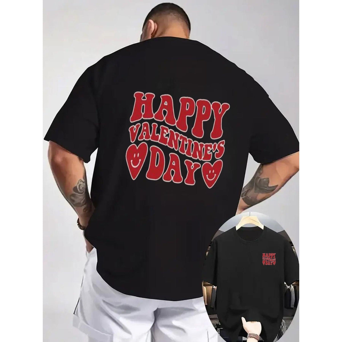 HAPPY VALENTINE'S DAY T-Shirt for Men | Black Crew Neck Short Sleeve Tee with Red Text & Heart Designs on Back/Left Chest, Casual Tattoo-Friendly, Light Gray Background - Perfect for Valentine'S Day Gift, Beach Wear with White Shorts