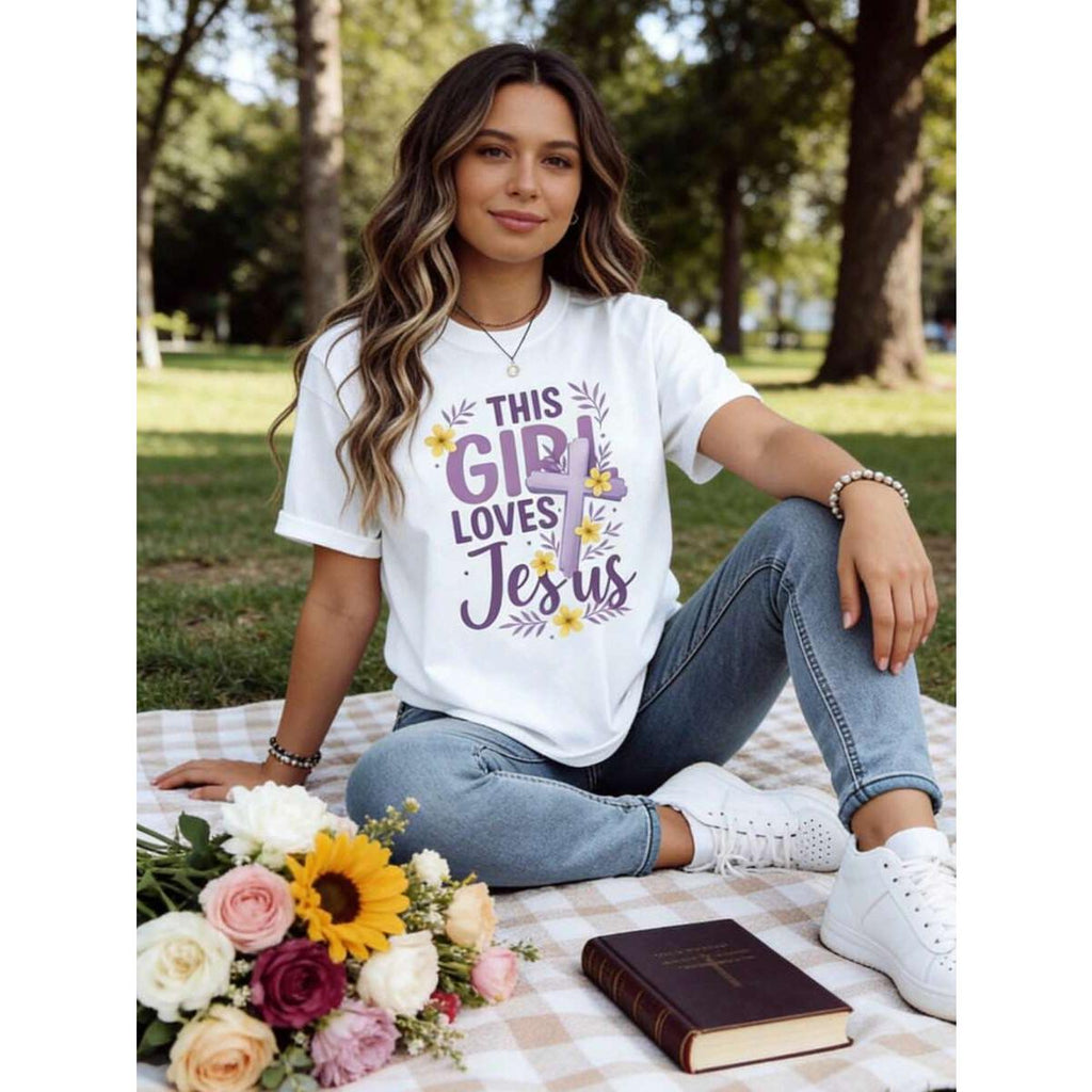 This Girl Loves Jesus Christian Cross Flower Design Women's T-Shirt White Casual Top Faith Inspired Graphic Tee