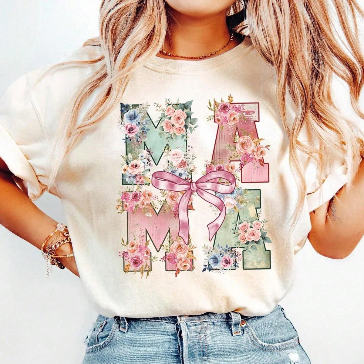 1Pc Floral MAMA With Bow - Mother's Day - Cute Mom Natural T-Shirt, Women T-Shirt,Men Tshirt , Unisex Style,Holiday T-Shirts, Gift Tee, White