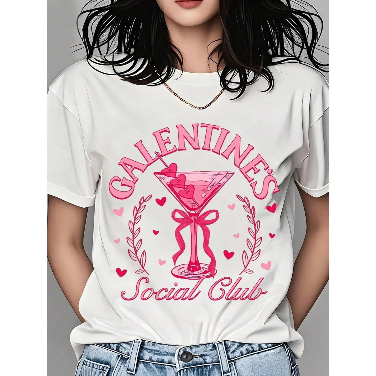 Galentine's Day T-Shirt For Women - Pink Martini Design With Hearts And Laurel Wreath, Galentine's Social Club Graphic Tee, Perfect For Valentine's Day Party, Galentine's Celebration, Friends Gift, Casual Wear