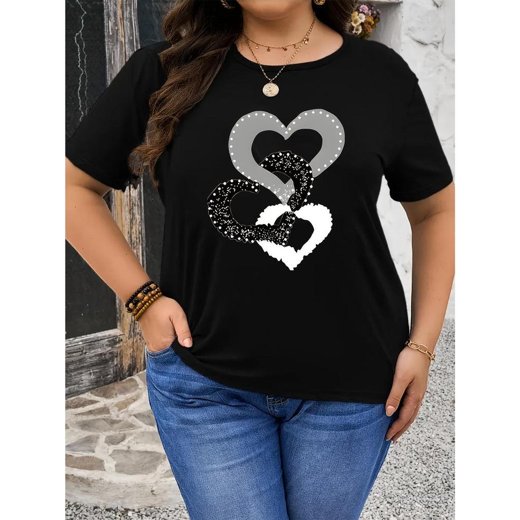 Heart & Glitter Heart Design, Stretchy Round Neck Short Sleeve Top for Spring/Summer, Machine Washable, Everyday Comfort Tee, Relaxed Fit Tee, Nontransparent Material