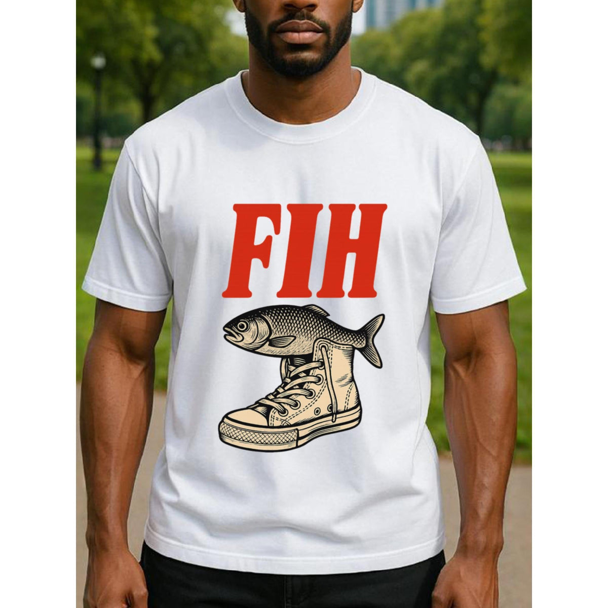 Men's Streetwear T-Shirt - Casual Round Neck Short-Sleeve Top with Fish Graphic, Breathable Medium-Stretch Menswear Tee