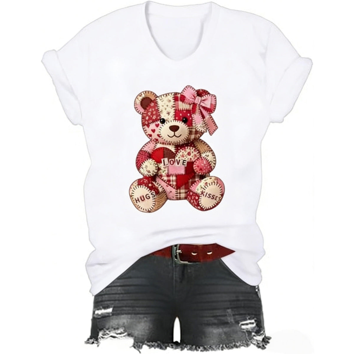 Cute Teddy Bear Shirt, Valentines Day Teddy Bear T-Shirt, Patchwork Love Crew-Neck Tshirt