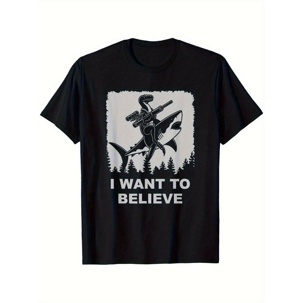 Men's 'I Want to Believe' Velociraptor Shark Graphic TShirt Black Crewneck, Casual for Outings, Casual Wear Tshirt Playful Graphic Tee Printed TShirt
