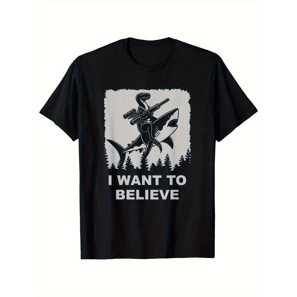 Men's 'I Want to Believe' Velociraptor Shark Graphic TShirt Black Crewneck, Casual for Outings, Casual Wear Tshirt Playful Graphic Tee Printed TShirt