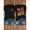 Women's Casual Graphic T-Shirt - "On My Husband's Last Nerve" Slogan Print With Devil Horns Design, Black Round Neck Summer Tee, Regular Fit Humorous Statement Top, Ladies T Shirts, Retro Style Shirt, Allseason Wear