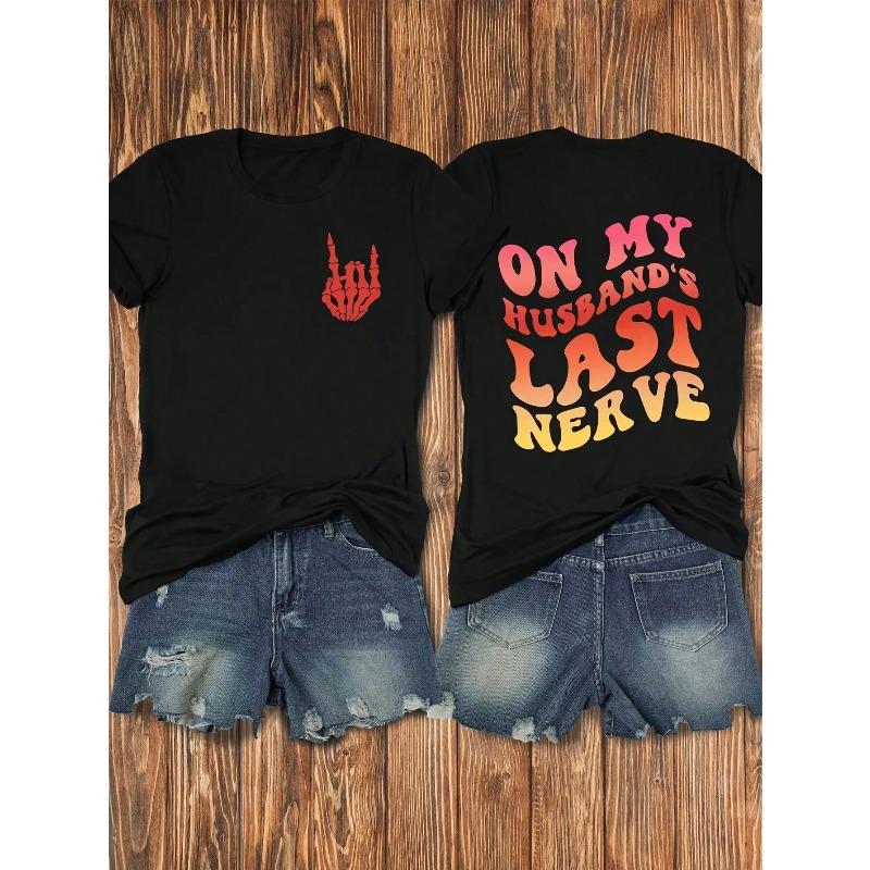 Women's Casual Graphic T-Shirt - "On My Husband's Last Nerve" Slogan Print With Devil Horns Design, Black Round Neck Summer Tee, Regular Fit Humorous Statement Top, Ladies T Shirts, Retro Style Shirt, Allseason Wear