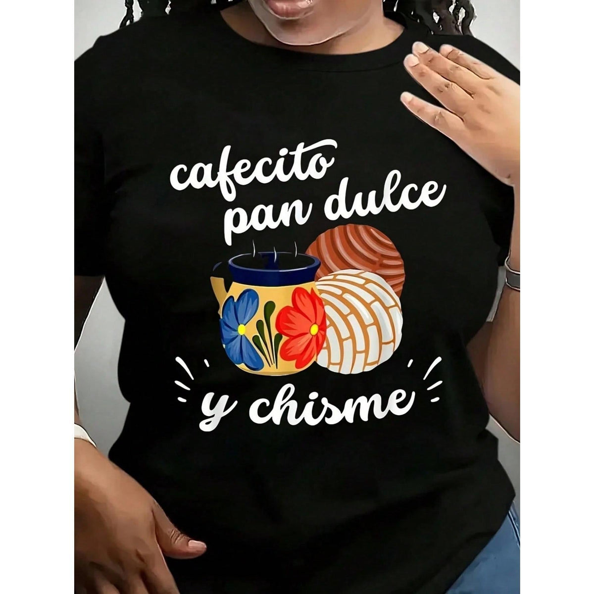 Women'S Mexican Hispanic Pride Cafecito Pan Dulce Y Chisme Graphic T-Shirt Black Short Sleeve Round Neck Casual Top With Vibrant Breakfast Design, Machine Washable, Mexican T Shirt