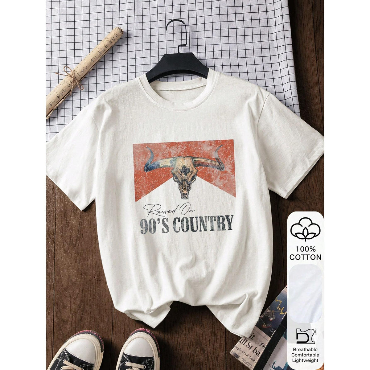 90s Country Style & Bull Head Print 100% Cotton Short Sleeve T-Shirt For Women, Summer Tee, Graphic Tee, Casual Summer Outfit, Cotton T-Shirt, Summer Top