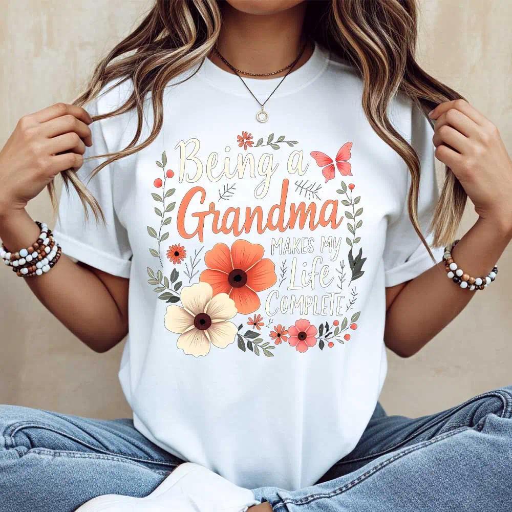 Floral Grandma Quote Design T Shirt Crew Neck Casual Tee For Women Mother Day Gift Grandmother Outfit