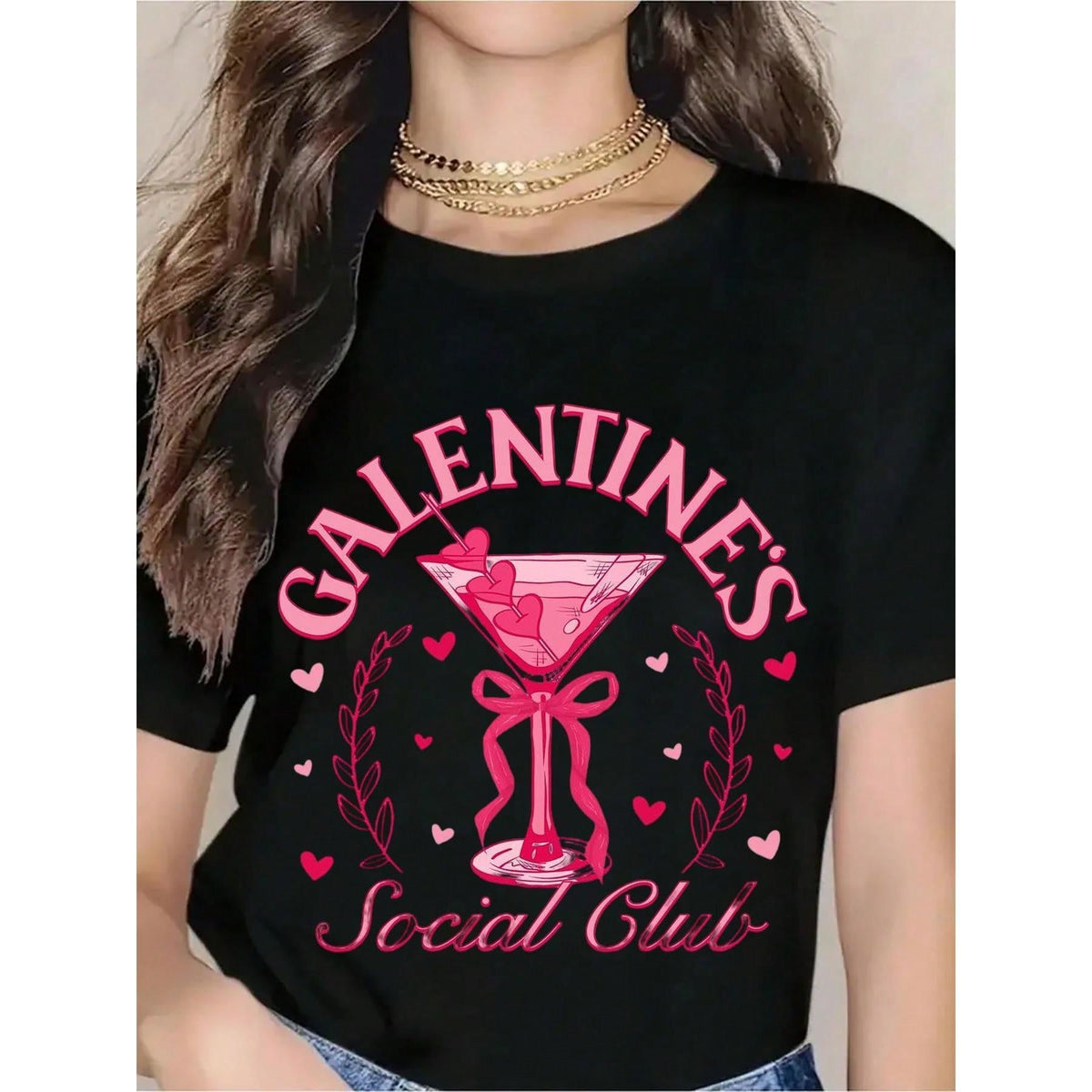 Galentine's Day T-Shirt For Women - Pink Martini Design With Hearts And Laurel Wreath, Galentine's Social Club Graphic Tee, Perfect For Valentine's Day Party, Galentine's Celebration, Friends Gift, Casual Wear