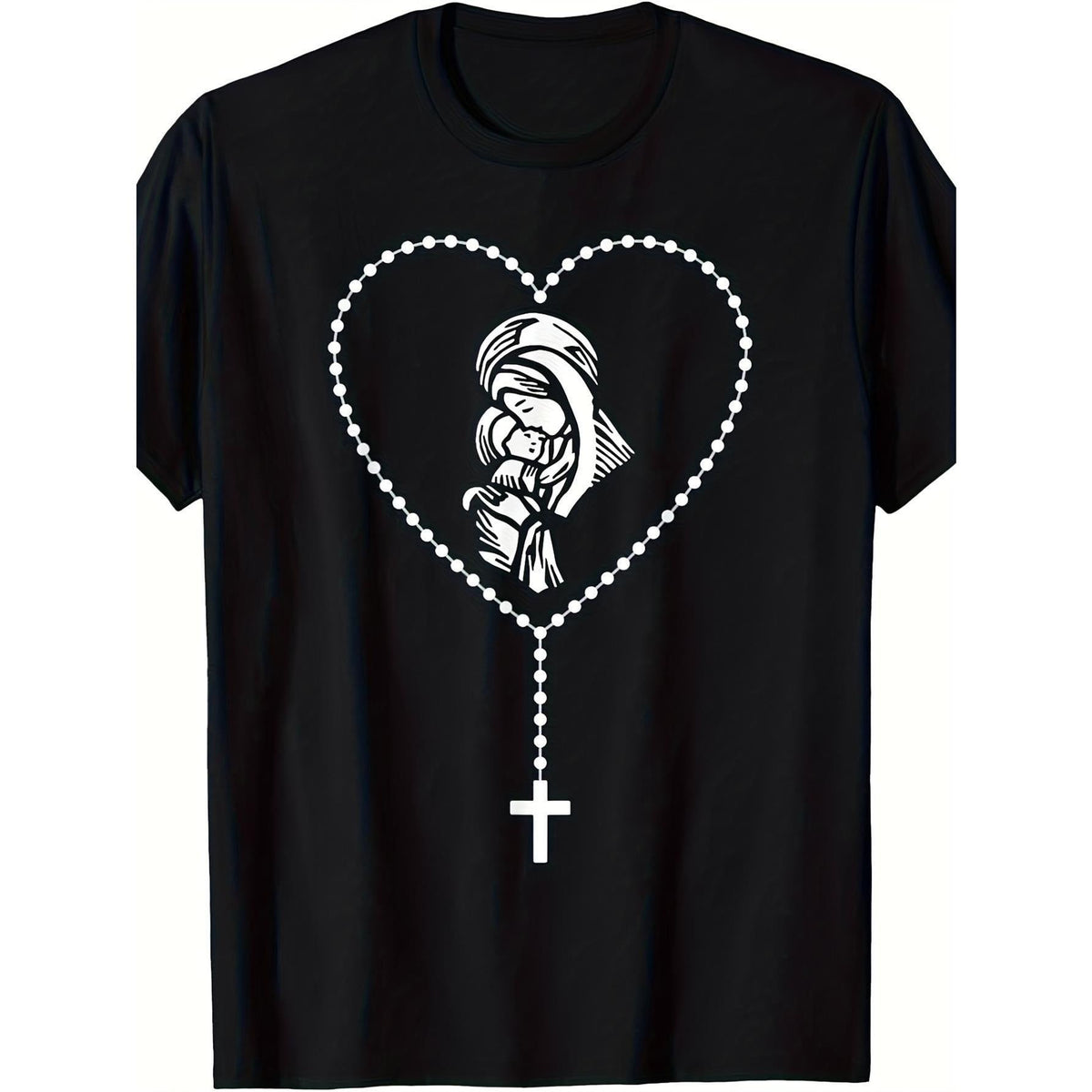 Women's Catholic Faith T-Shirt - Unisex Short-Sleeve Round Neck Cotton Top with Jesus & Mary Graphic, Elegant Religious Gift for Sports & Daily Wear, Shortsleeve, Casual, Crew Neck, Regular Sleeve, T-Shirt Top, Graphic Print, Comfortable, Style
