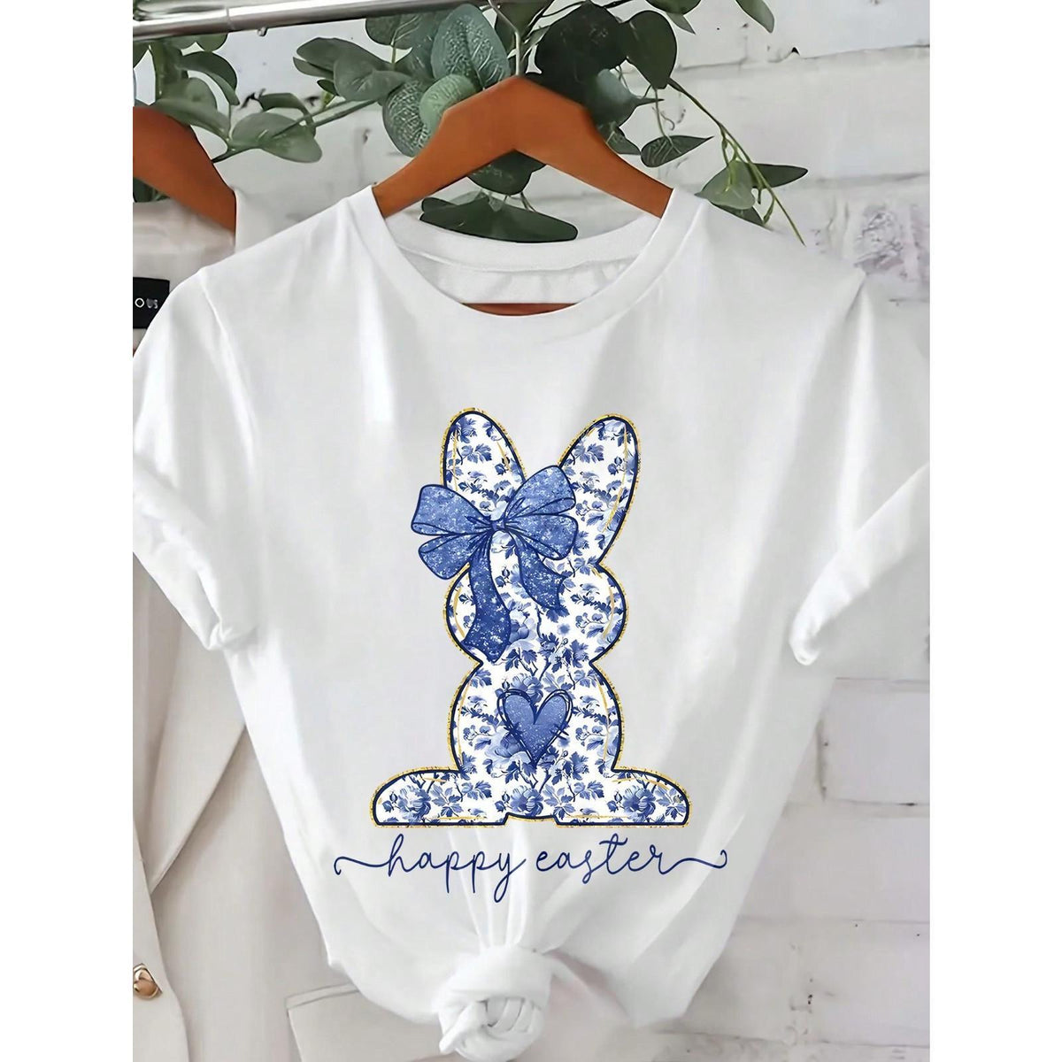 Happy Easter Graphic Tee, Round Neck Short Sleeve Printed Casual Top For Women