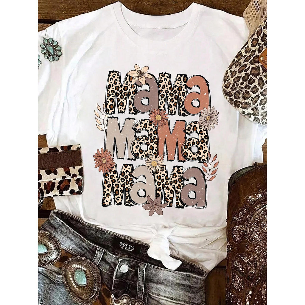 Leopard MAMA Flower Print Women's Solid Color Oversize Round Neck Short Sleeve Simple Tops Daily Casual Summer Modest Tops Casual Women T-Shirt Summer Shirts White