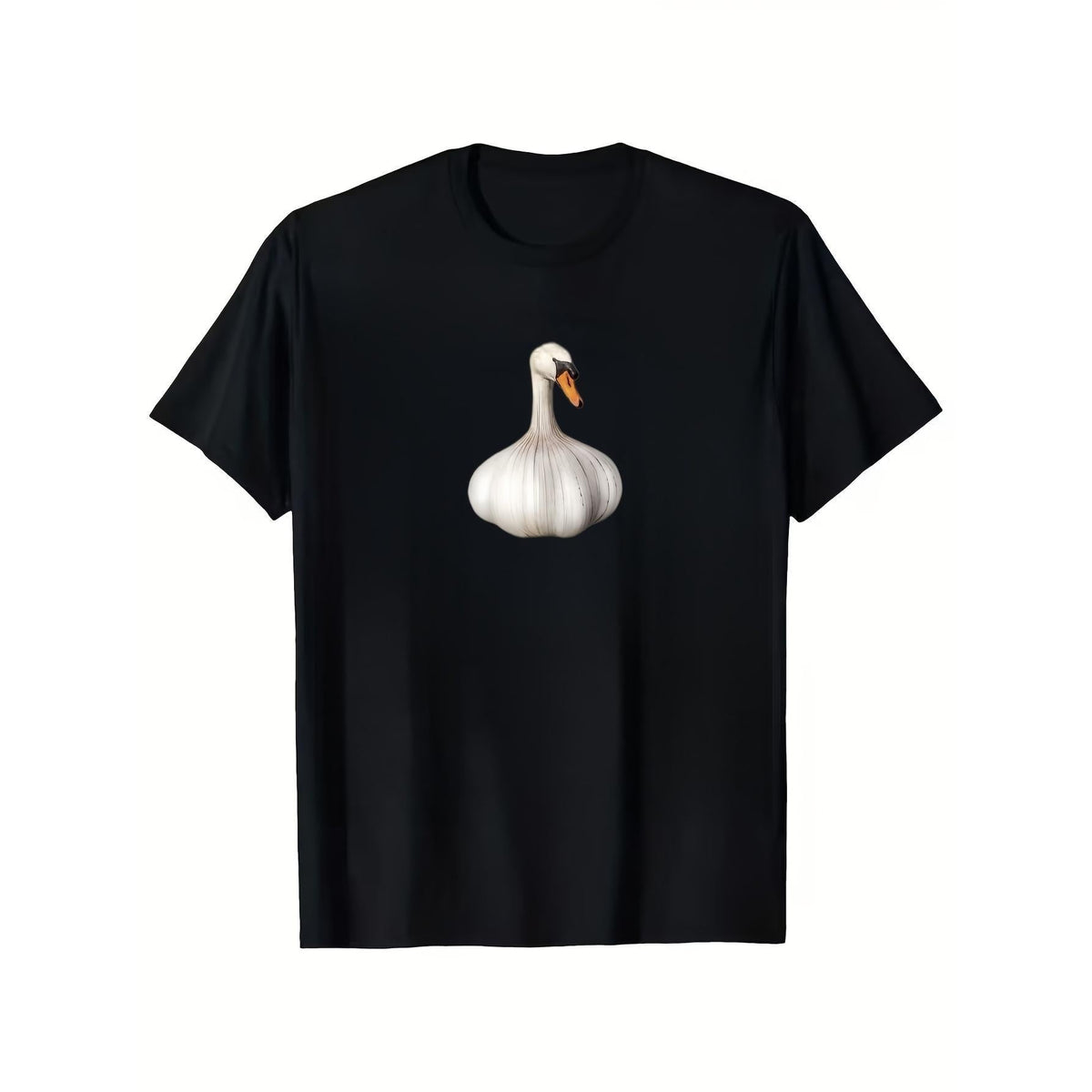 Must-have Dark-themed Fun Short-sleeve Tee for Trendy Men, Featuring a Quirky "Garlic Goose" Print Design