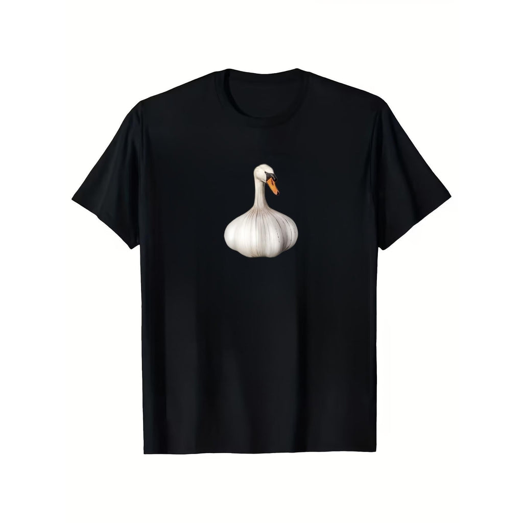 Must-have Dark-themed Fun Short-sleeve Tee for Trendy Men, Featuring a Quirky "Garlic Goose" Print Design