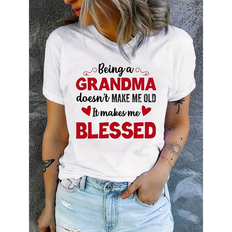 [Mother's Day Blessed Grandma Tee] Mother's Day Blessed Grandma Print T-Shirt - Short Sleeve Crew Neck Casual Top for Spring & Summer - Women's Clothing