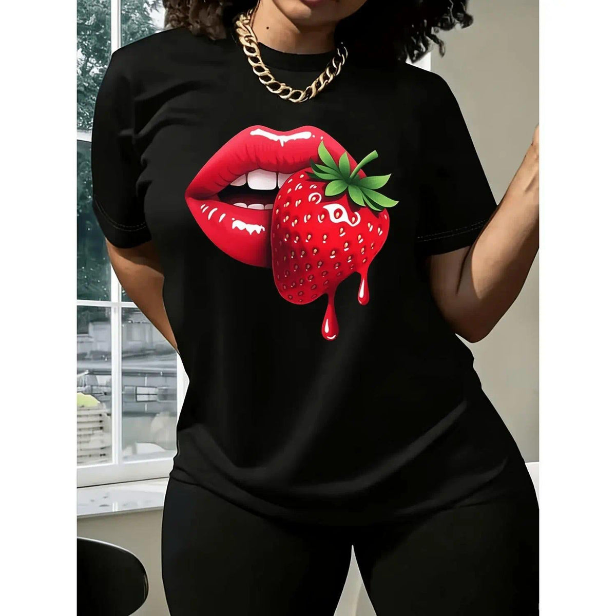 Strawberry Lips Tee - Women’s Casual Summer Shirt - Cute Strawberry Print Top - Sister Gift