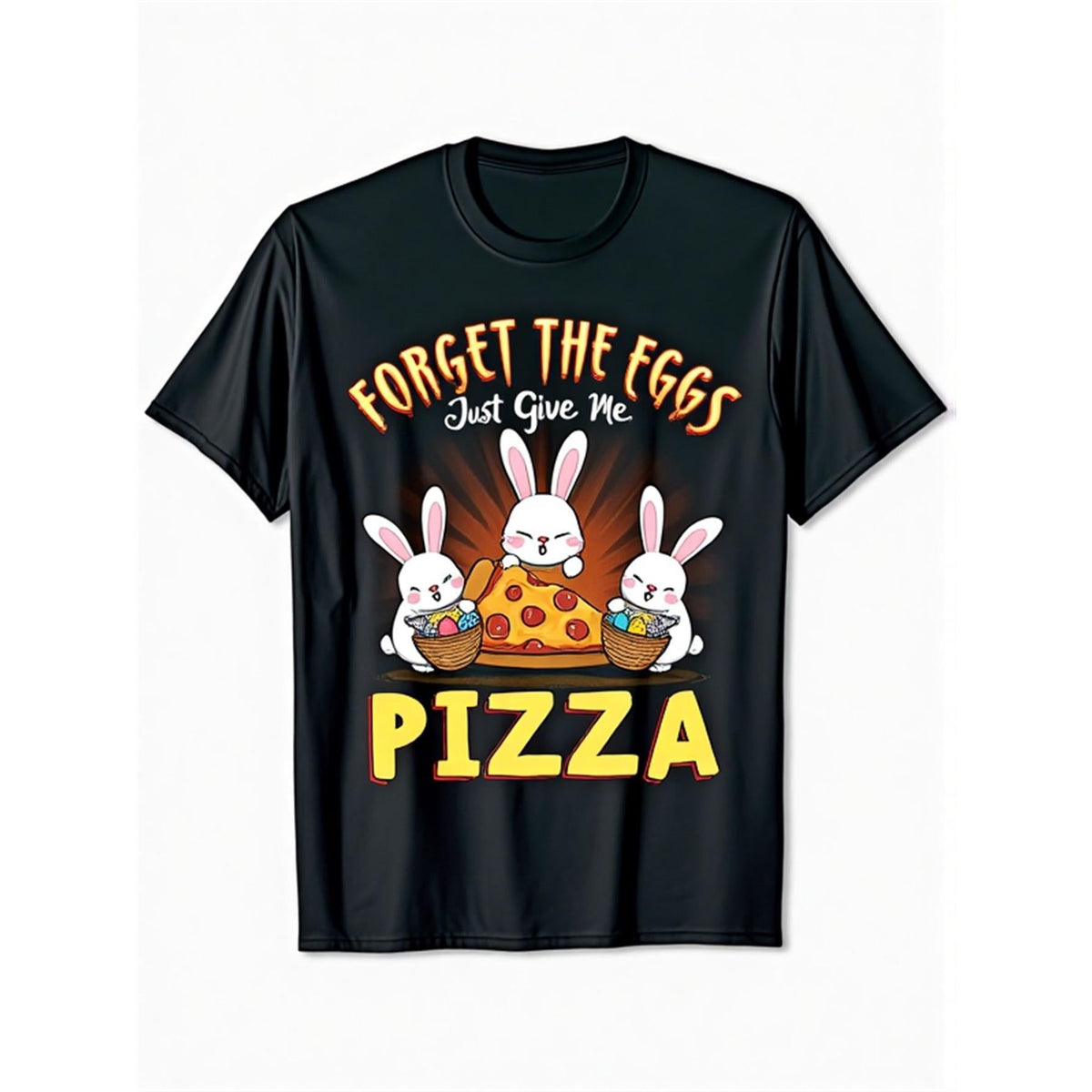 Funny Easter Bunny & Pizza Graphic Tee - "Forget the Eggs Just Give Me Pizza" Saying - Black Shirt with Yellow Text - Soft Breathable Cotton Shirt for Easter Parties, Casual Outfits - Sizes S(Men & Women)