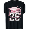 Women'S Class of 2026 Graduation T-Shirt - Pink Bow & Number 26 Graphic, Loose Fit Short Sleeve Round Neck Casual Top with Digital Print, Comfortable Graduation Party Outfit for Senior Year Celebrations (Black with Pink Lettering)