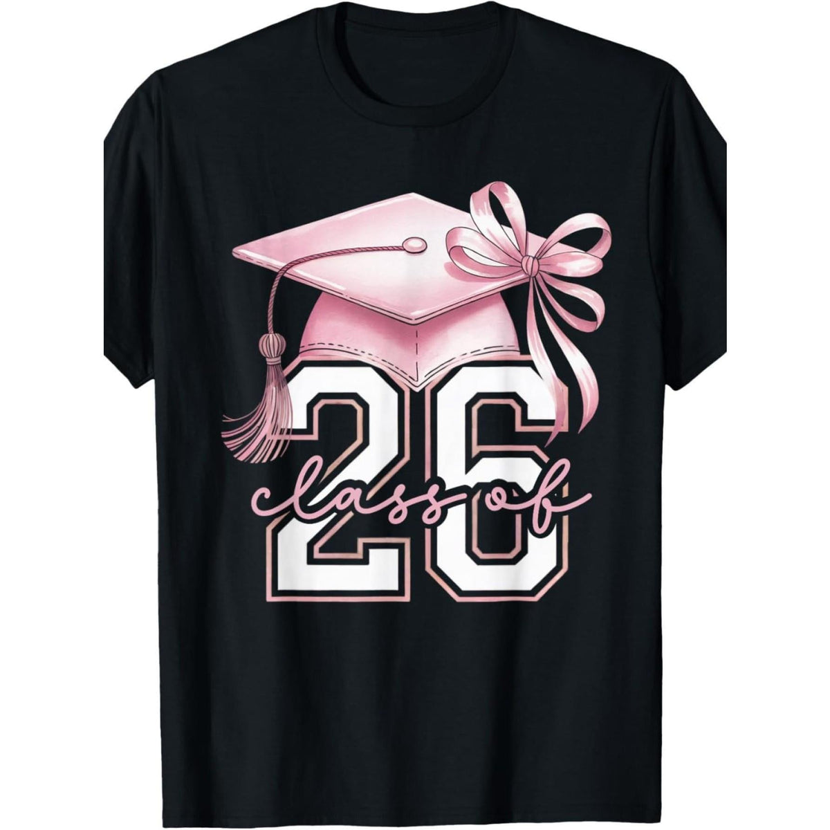 Women'S Class of 2026 Graduation T-Shirt - Pink Bow & Number 26 Graphic, Loose Fit Short Sleeve Round Neck Casual Top with Digital Print, Comfortable Graduation Party Outfit for Senior Year Celebrations (Black with Pink Lettering)
