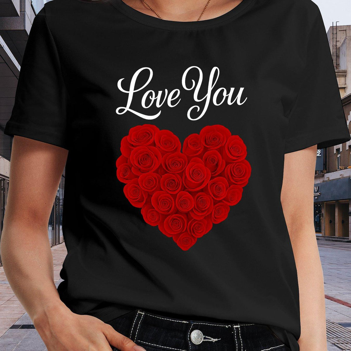 Women'S Love You Rose Heart Print T-Shirt - Soft Breathable Medium-Stretch Fabric, Red Rose & Love Lettering Design, Casual Round Neck Short Sleeve Top, Machine Washable, Spring Summer Fall Casual Attire, Valentine'S Day Outfits, Multiple Colors Ava