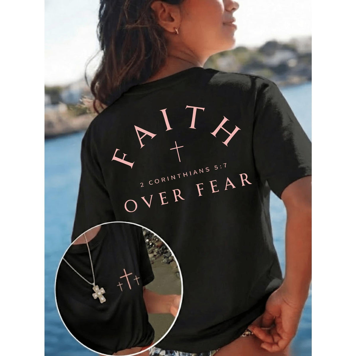 Standard "Faith Overcomes Fear" Christian Inspirational Graphic T-Shirt, Comfortable 2026 Casual Short Sleeve Crew Neck Faith Apparel Black Summer