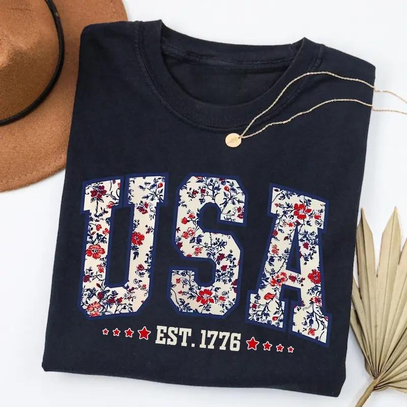 USA Est 1776 Shirt,  USA 250 Anniversary Shirt, Girly 4th of July Shirt, Independence Day Tee, USA Flag 4th of July Gift, Celebrate Our 250th Anniversary Tee, Patriotic Women Shirt, Flower USA Shirt