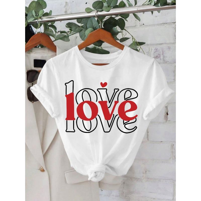 Women'S White & Red LOVE Print T-Shirt with Heart & Lettering | Casual Short Sleeve Round Neck Top, Breathable Non-Sheer Fabric, Machine Washable Opaque Tee for Spring Summer, Valentine'S Day Out