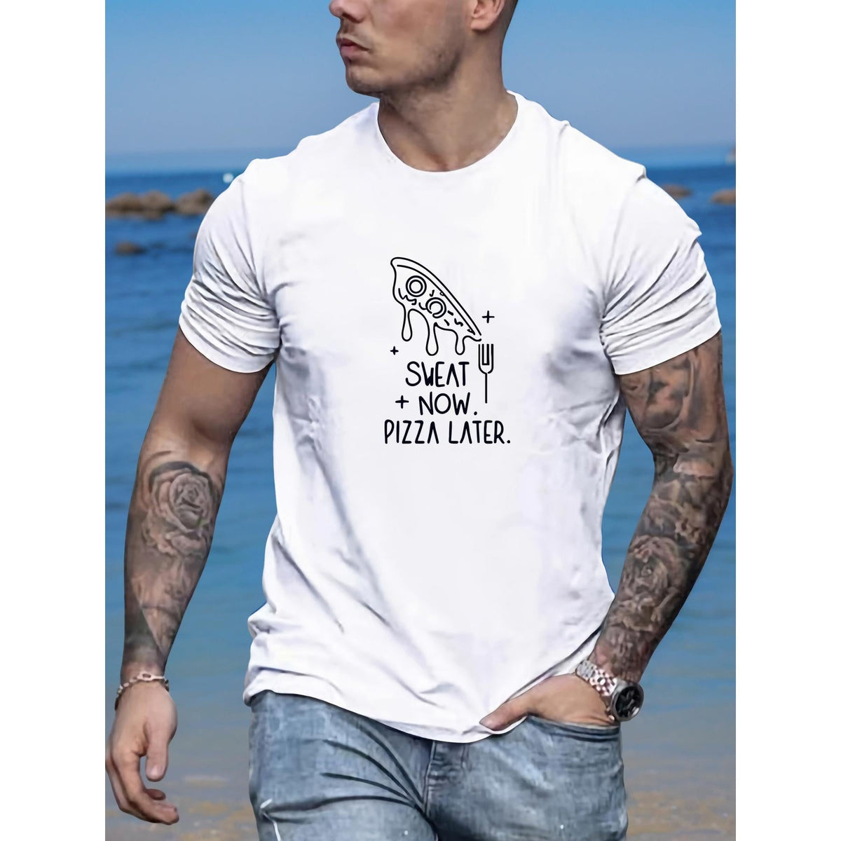 Men's "Sweat Now Pizza Later" Graphic Casual T-Shirt - Summer Short Sleeve Round Neck Tee with Humorous Design for Casual Attire