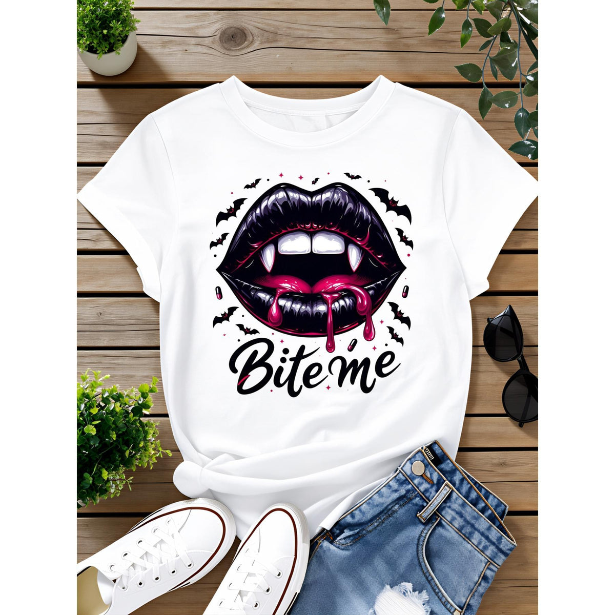 Men's Short-Sleeve Round Neck Gothic Graphic Tshirt - Vampire Lips "Bite Me" Design, Menswear Streetwear Summer Casual Tee, Halloween Costume Top