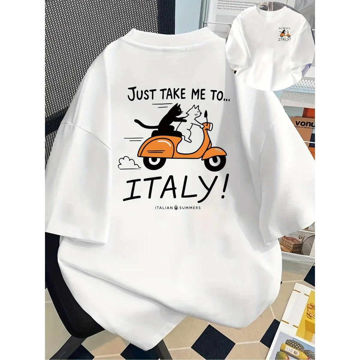 Just Take Me to... Italy! Vintage Scooter T-Shirt, Cute Cat with Vespa Graphic Double-sided Tee, Unisex Orange & White Cotton Top, Travel Lover Gift