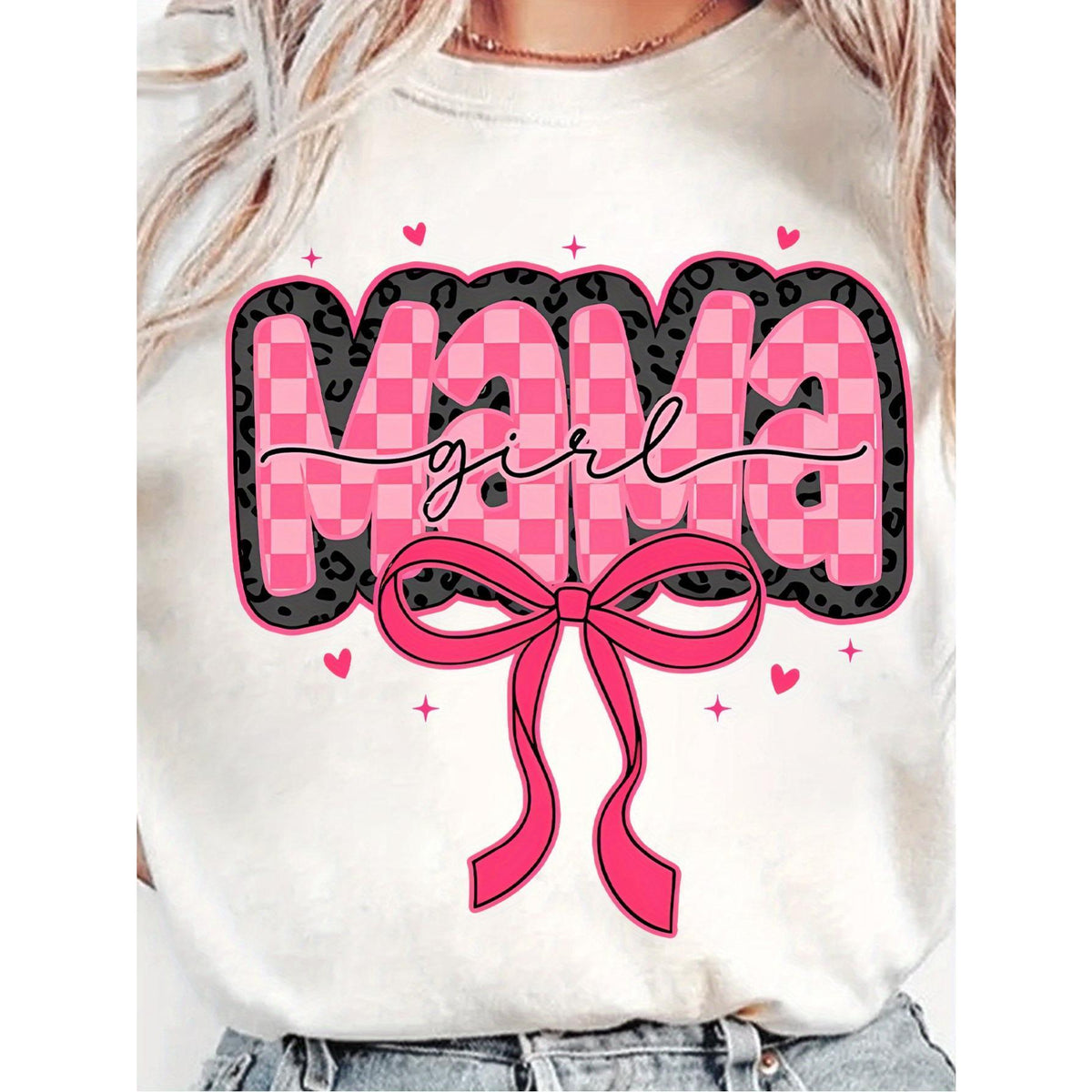 Pink Mom Lover T-Shirt, Checkered Mom T-Shirt, Pink Leopard Print Mom Shirt, Mom Life T-Shirt, Gifts for Mom, Vintage Mom Bow Top