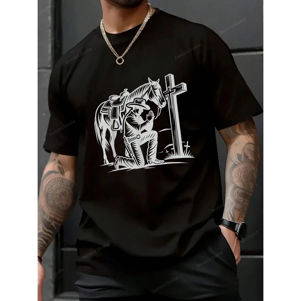 Cowboy Praying at Cross T-Shirt for Men | Western Horse Rider Graphic Tee, 100% Cotton Y2K Style Casual Top