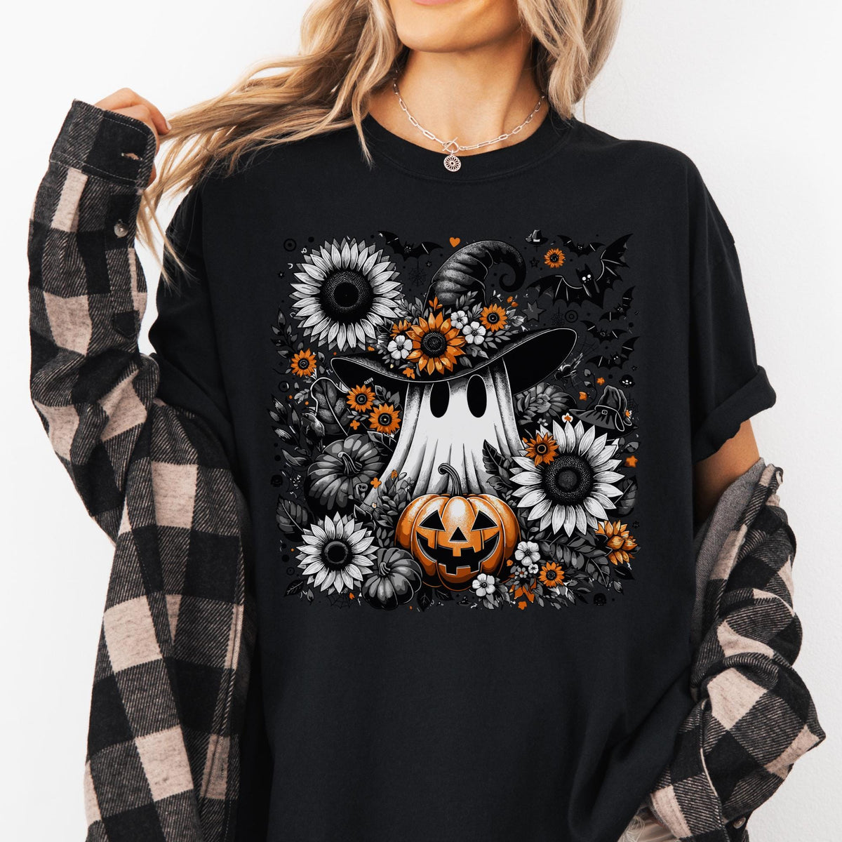 Halloween Ghost Witch T-Shirt, Sunflower Pumpkin Graphic Tee, Funny Spooky Season Gift for Women, Casual Fall Top