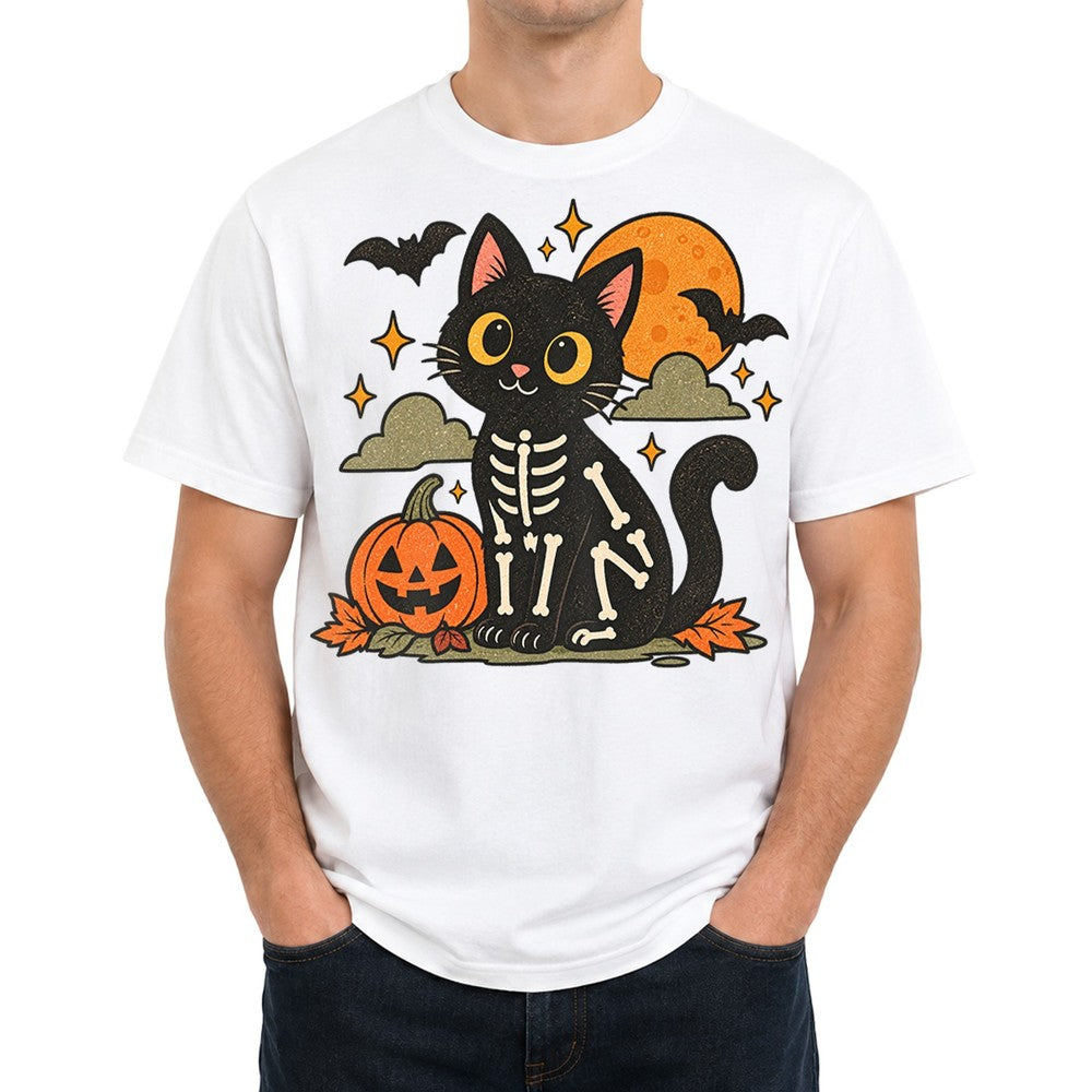 Cute Skeleton Cat Pumpkin T-Shirt Spooky Halloween Bones Tee