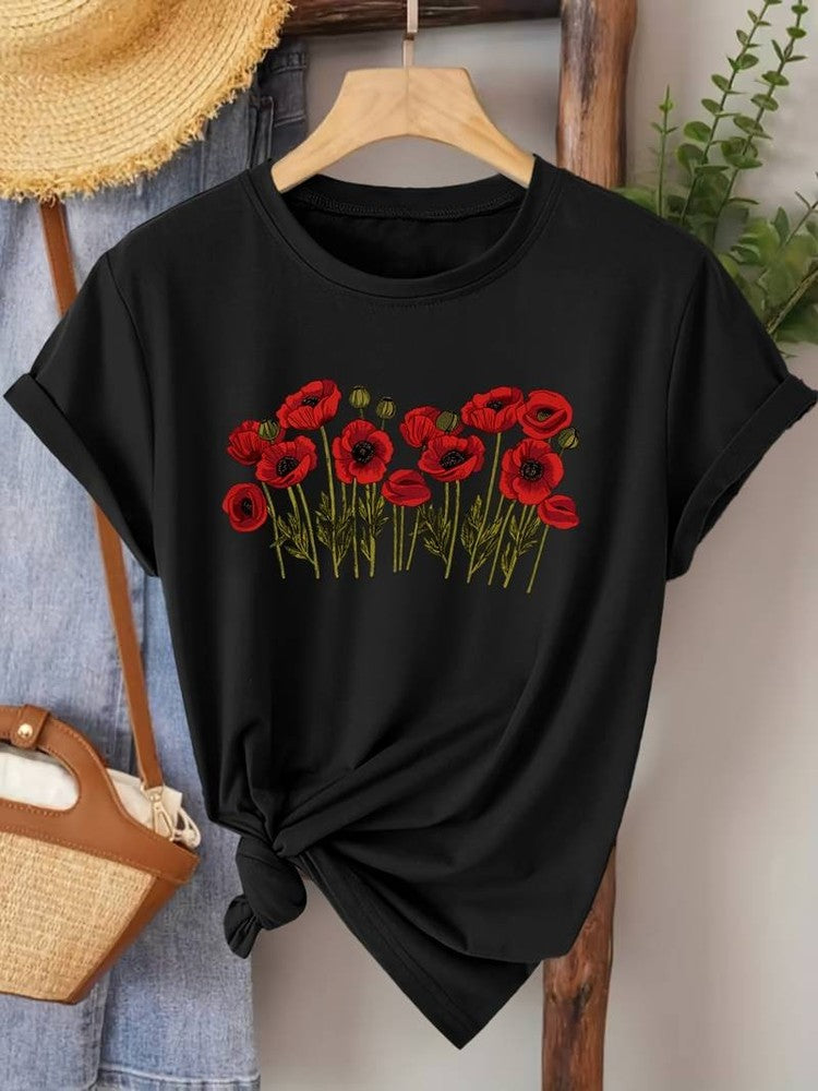 Women's Red Poppy Flowers T-Shirt, Vintage Floral Graphic Tee, Casual Spring Summer Top, Flower Lover Gift for Women