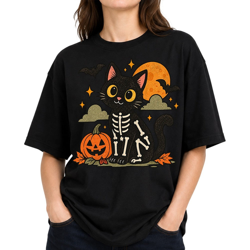 Cute Skeleton Cat Pumpkin T-Shirt Spooky Halloween Bones Tee