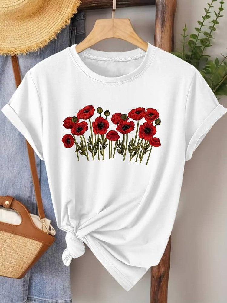Women's Red Poppy Flowers T-Shirt, Vintage Floral Graphic Tee, Casual Spring Summer Top, Flower Lover Gift for Women